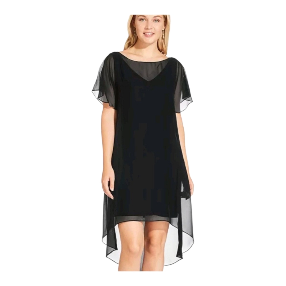 Adrianna Papell Black Chiffon Flutter Sleeve A-Line Dress Size‎ L
